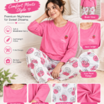 pink strawberry full sleeves Print Women's Night Suit – Cotton Sleepwear Set