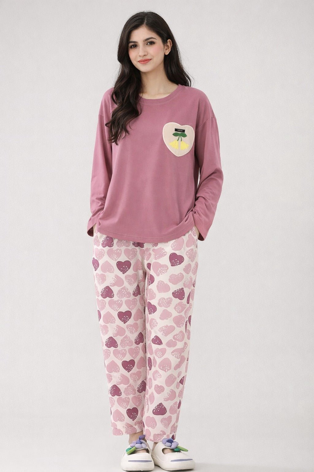 Pink Heart Design Night Suit Premium Fabric for Girls & Woman