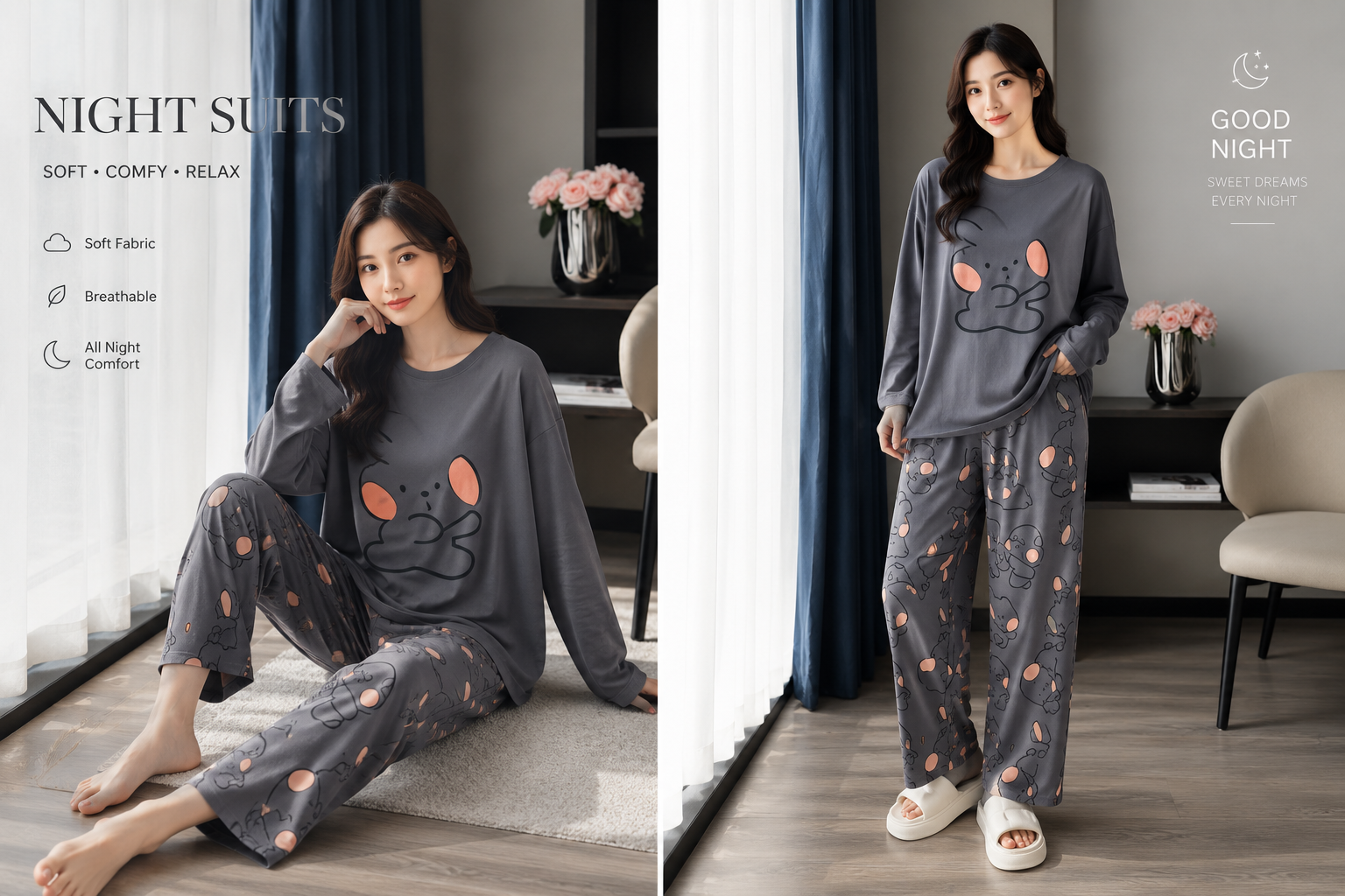 Grey Rabbid Full Printed Night Suit Premium Fabric for Girls