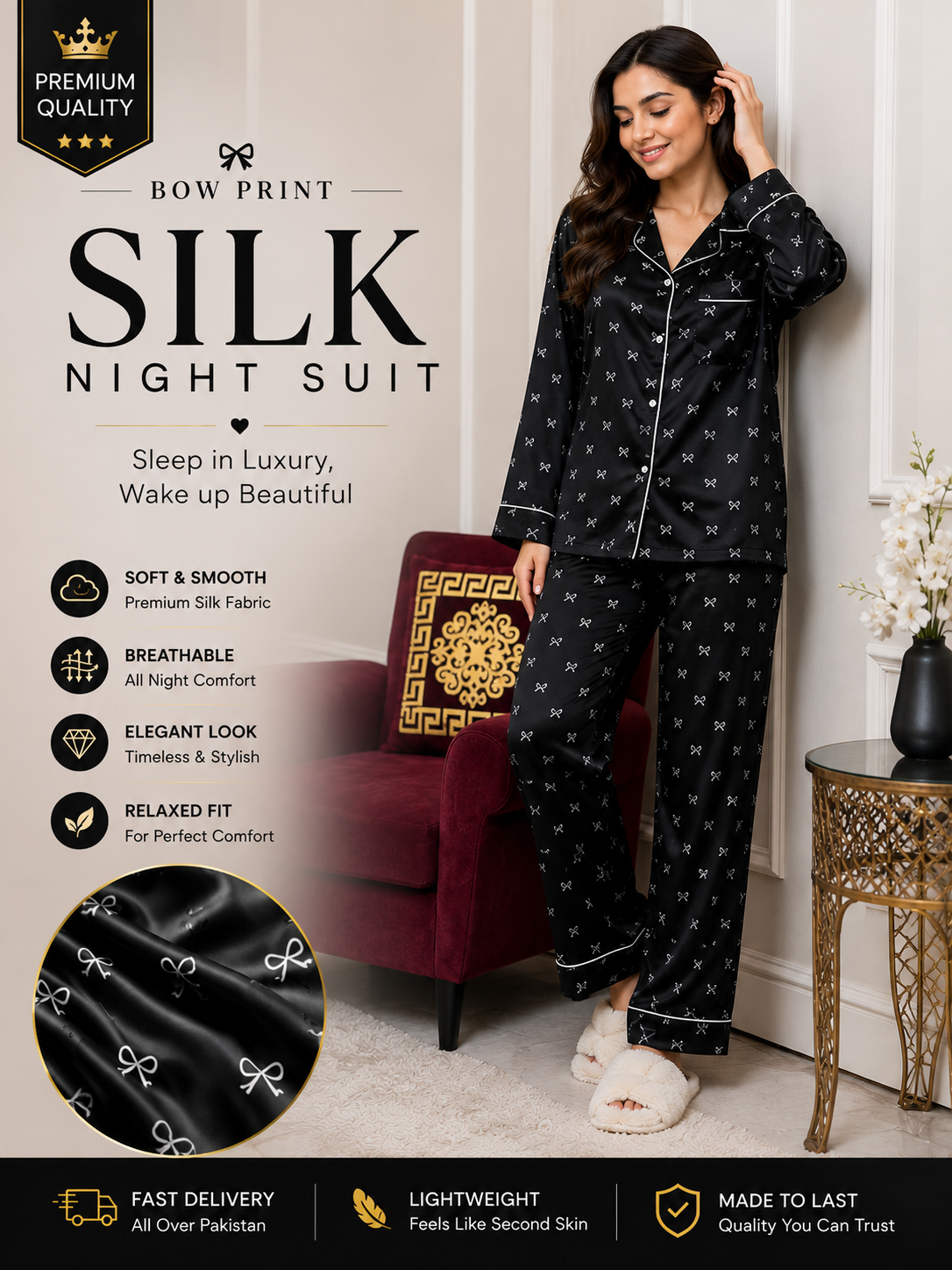 bow printed silk suit in premium fabric for girls and woman