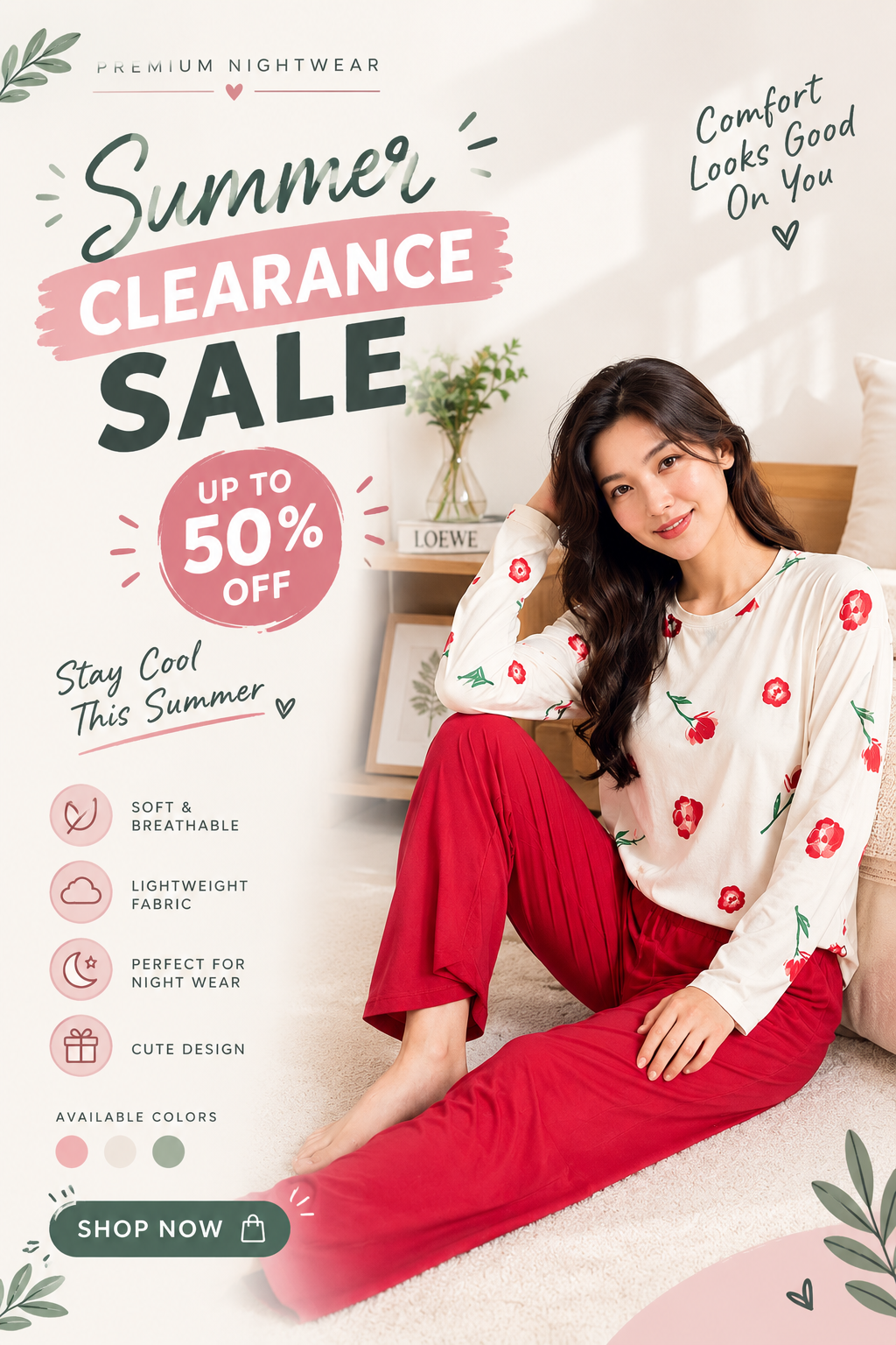 red cherry full sleeves Print Women's Night Suit – Cotton Sleepwear Set