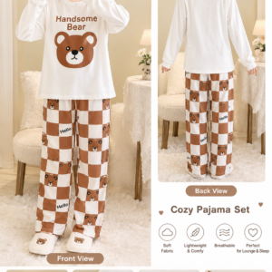handsome bear full sleeves Print Women's Night Suit – Cotton Sleepwear Set