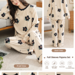 cream flower full sleeves Print Women's Night Suit – Cotton Sleepwear Set