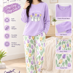 cute bunnies Print Women's Night Suit – Cotton Sleepwear Set