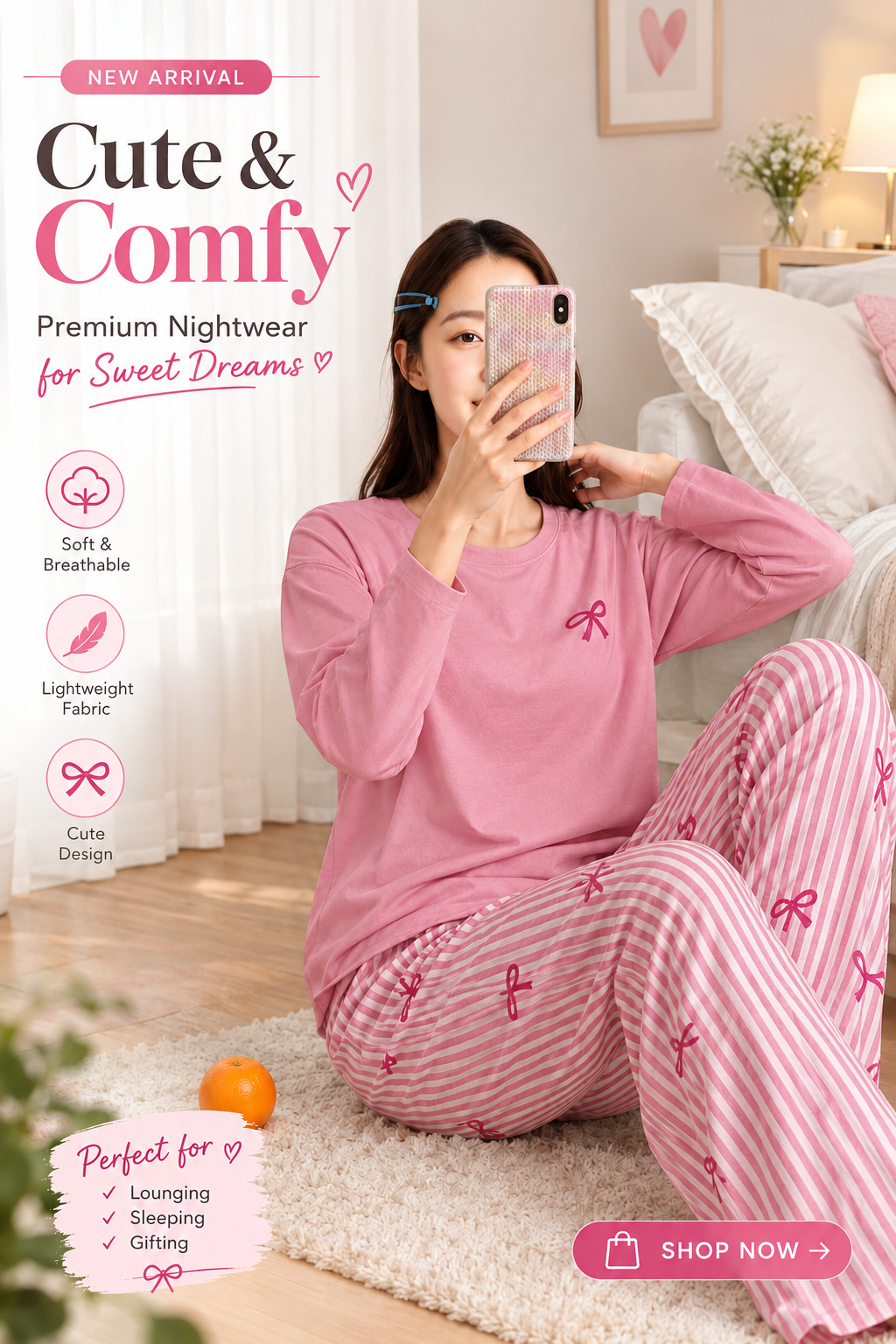 Pink Lining Full Sleeves Print Women's Night Suit – Cotton Sleepwear Set