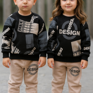 black cream design printed style kids suit for winter