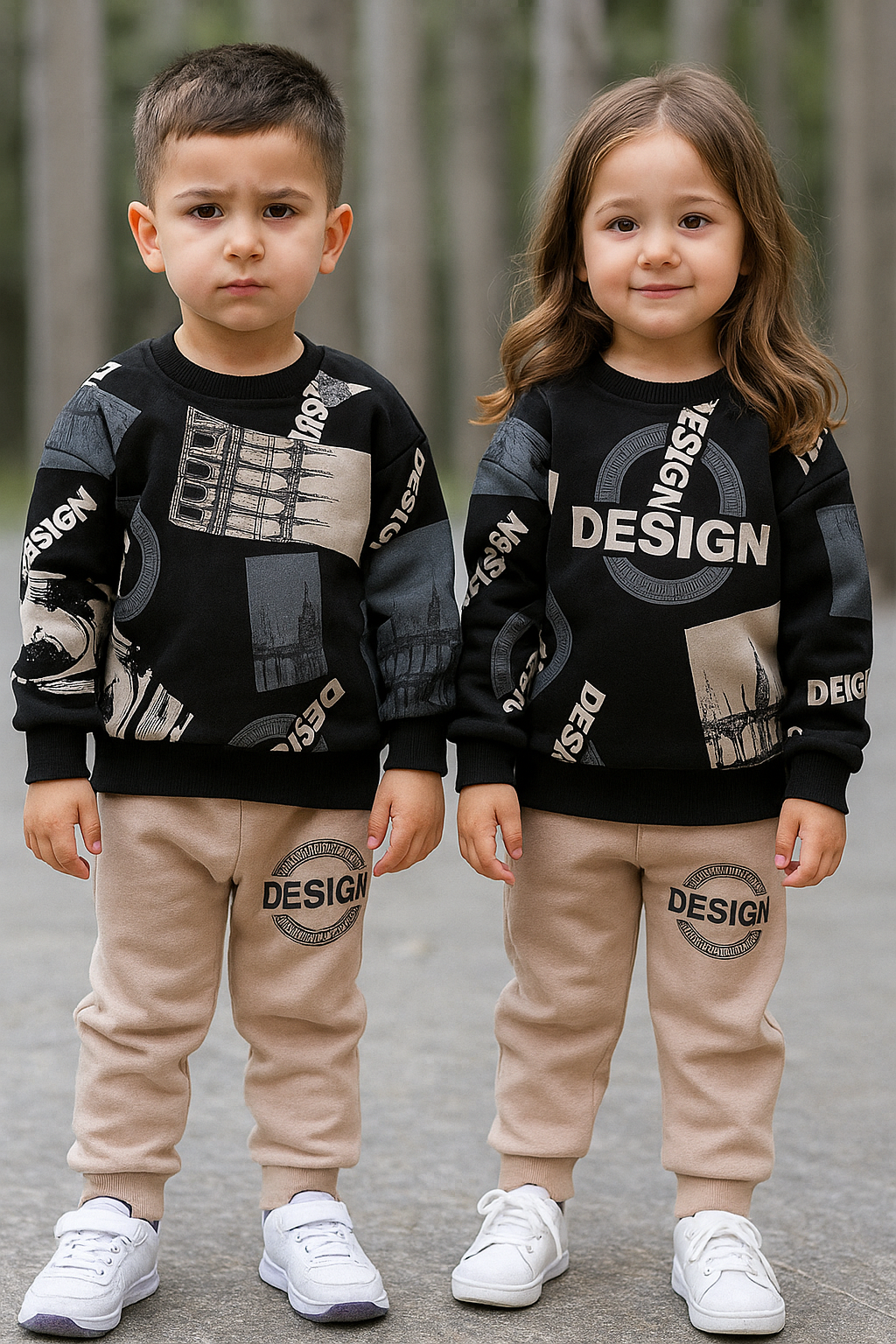 black cream design printed style kids suit for winter