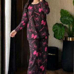 pink bow  full sleeves Print Women's Night Suit – Cotton Sleepwear Set