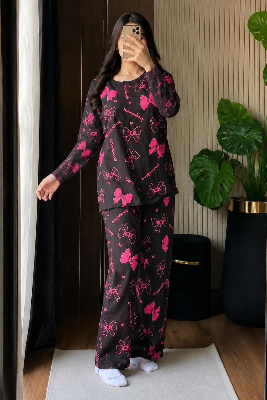 pink bow full sleeves Print Women's Night Suit – Cotton Sleepwear Set