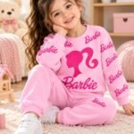 pink barbie design printed kids suit for winter