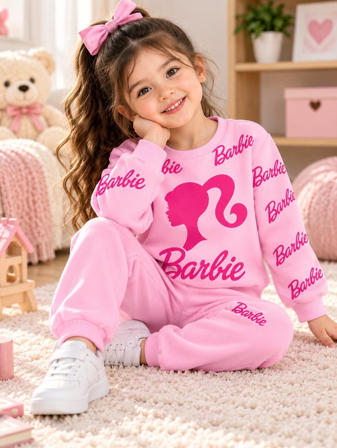 pink barbie design printed kids suit for winter