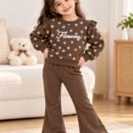 Brown Flower Design Printed Kids Suits Winter